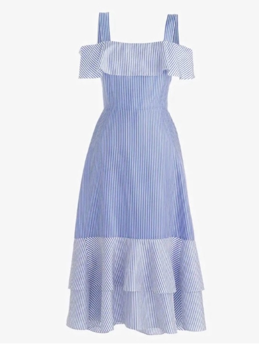 J.Crew Collection Blue Striped Cold-Shoulder 100% Silk Ruffled Midi Dress Sz 12